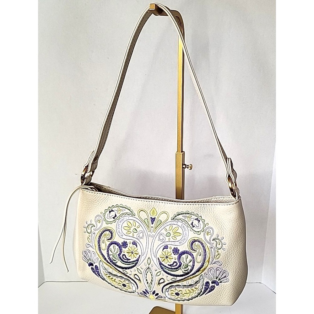 Retired HOBO Pier Ivory Leather Shoulder Bag Paisley Embroidered Boho Authentic